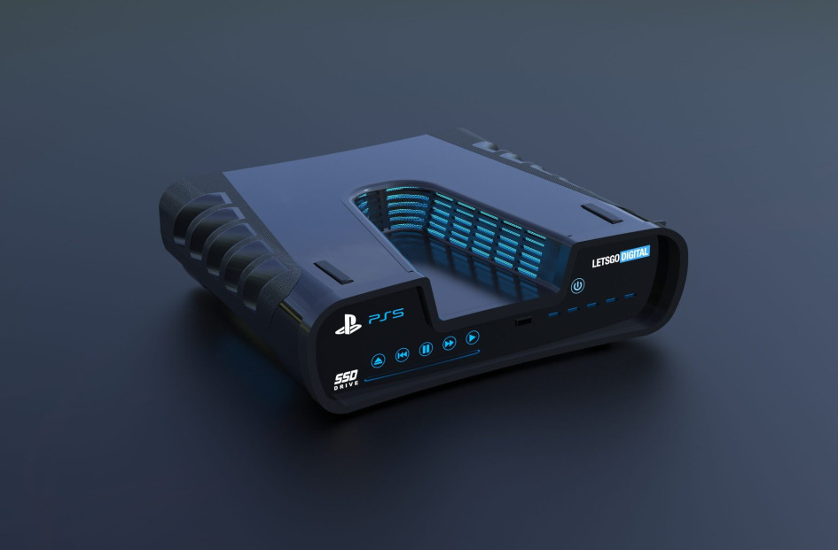 3D-рендер вероятного дизайна PS5, который в 2019 году подготовила редакция сайта LetsGoDigital на основе патентной заявки Sony. Впоследствии выяснилось, что это — дизайн консоли разработчика (development kit) для PS5