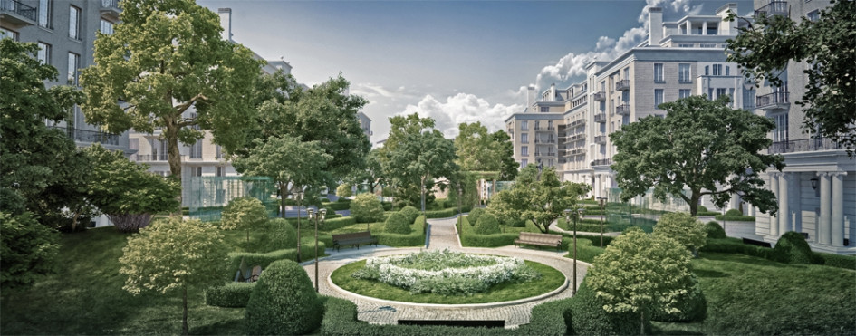 В парке Knightsbridge Private Park будут красивые дорожки, сезонные цветы, кустарники и деревья-крупномеры