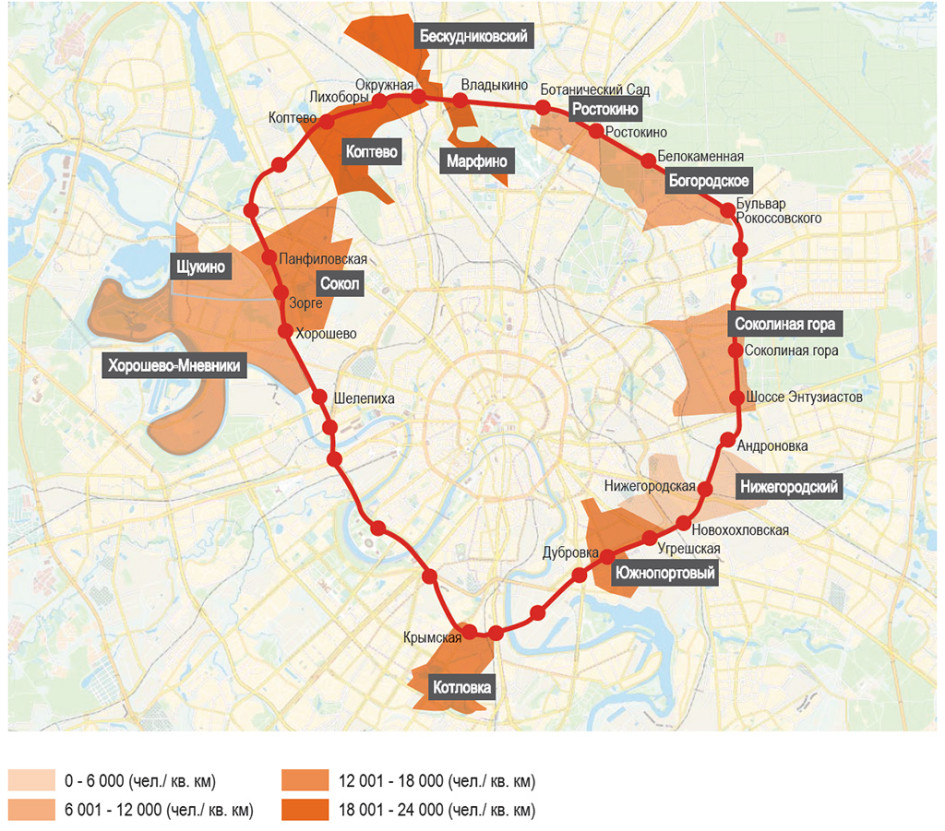 МЦК и плотность населения районов Москвы