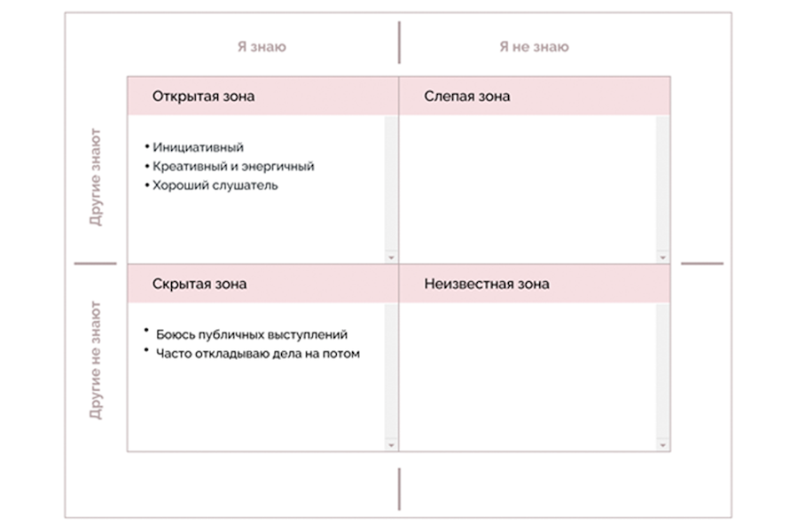 Матрица «Окно Джохари», пример заполнения скрытой зоны