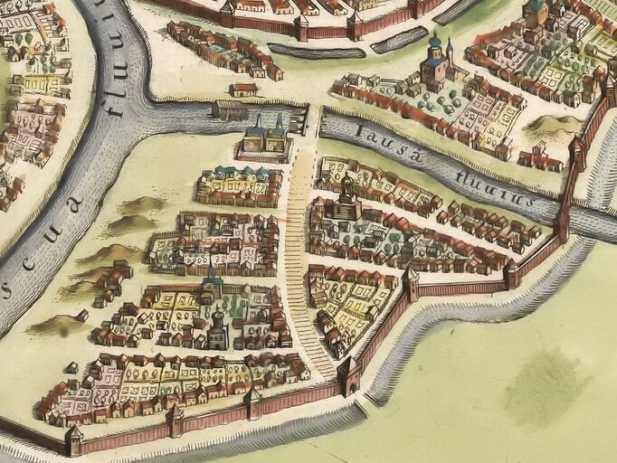 Фрагмент плана Москвы Мериана, 1638 год. Хорошо видны обширные приусадебные участки у каждого дома