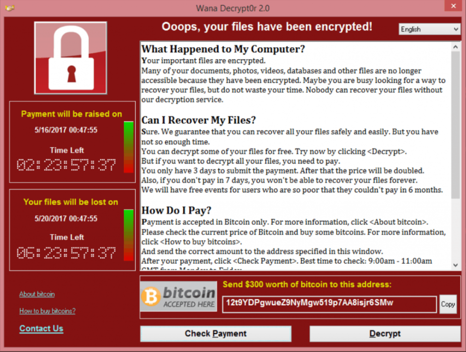Окошко с требованиями вымогателей WannaCry