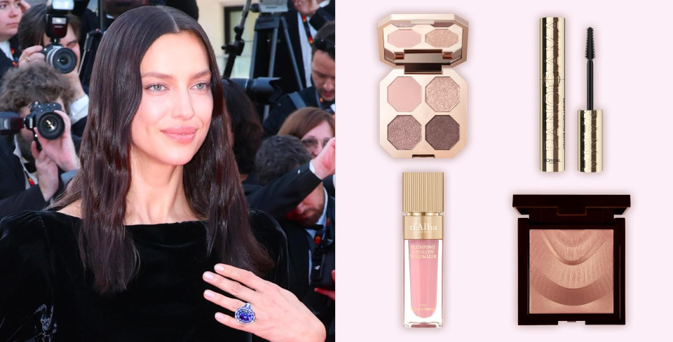 Слева: Ирина Шейк. Справа: Палетка теней для век Dream velvet eyeshadow palette, Delicate, Dear Dahlia, 3930 руб. (Ozon); Тушь для ресниц Volume Million Lashes Panorama, оттенок черный, L'Oreal Paris, 783 руб. (Лэтуаль); Блеск-плампер для губ Plumping Lip Glow Mood Volumizer, оттенок Feeble Pink, d'Alba, 2475 руб. (Ozon); Компактный хайлайтер для лица, оттенок 1 Prismatic Romance, Colorbar, 5880 руб. (Рив Гош)