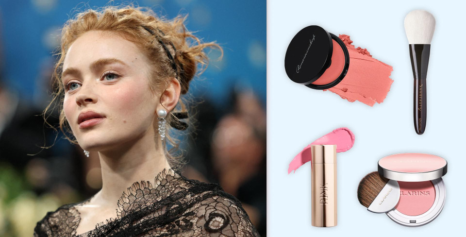 Слева: Сэди Синк. Справа: Кремовые румяна Sexy Cream Blusher, оттенок Good girl, Romanovamakeup, 3700 руб. (romanovamakeup.com); Кисть Signum Bronze с ворсом белоснежной козы ручка из з эбенового дерева, Annbeauty, 16 900 руб. (annbeautystore.ru); Кремовые румяна, оттенок Lychee, Rink, 4900 руб. (rinkbeauty.com); Компактные румяна для лица, оттенок  01 cheeky baby, Clarins, 3145 руб. (Рив Гош)