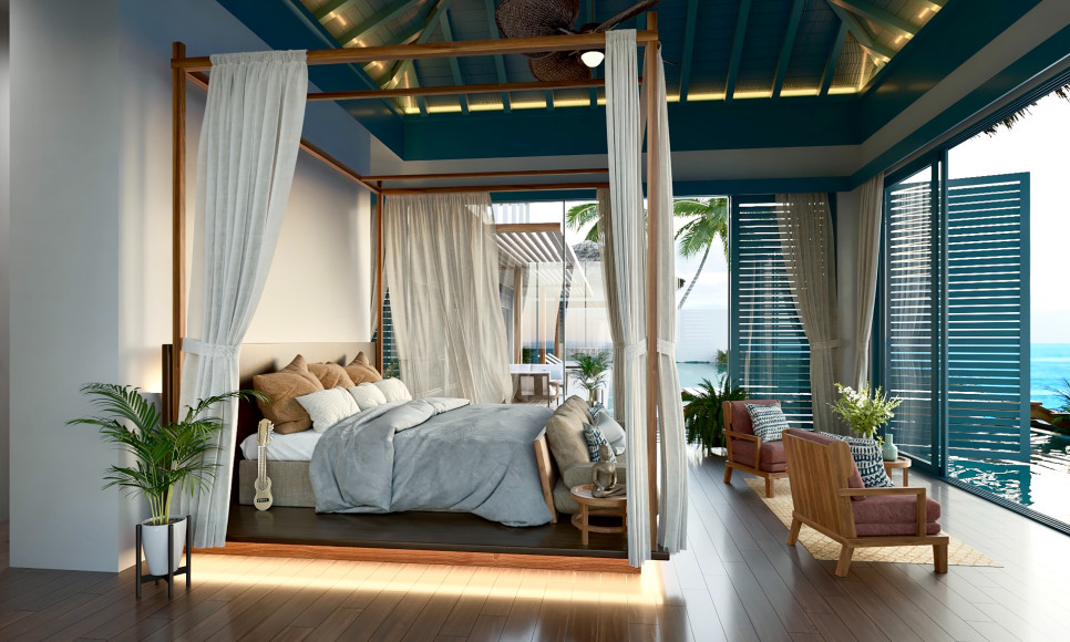 Спальня на вилле Royal Residence курорта Raffles Maldives Meradhoo