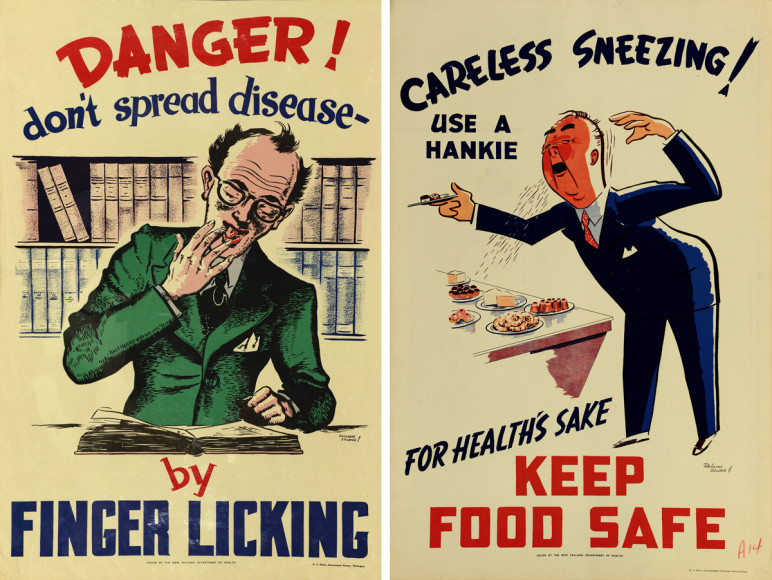«Не распространяй болезни, облизывая пальцы», «Безответственное чихание! Используйте носовой платок, берегите еду ради здоровья». Плакаты ​Департамента здравоохранения Новой Зеландии, 1950-е