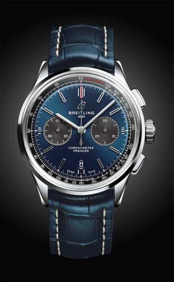 Часы Premier B01 Chronograph 42 с синим циферблатом и синим ремешком из кожи аллигатора