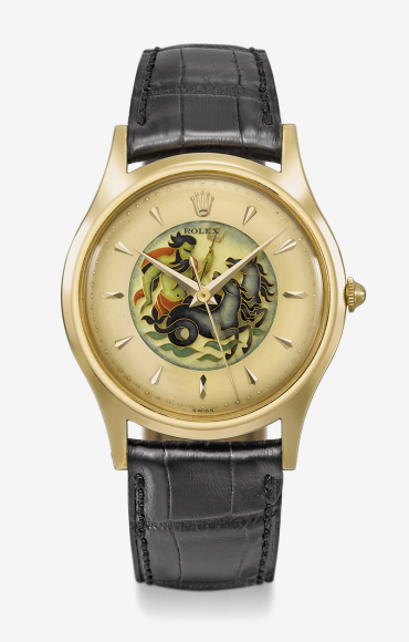 Часы с перегородчатой эмалью, Rolex, ок. 1953. Эстимейт 350–550 тысяч швейцарских франков, проданы за 348 тысяч швейцарских франков