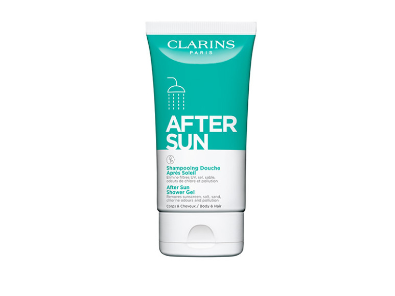 Шампунь-гель для душа после загара Shampooing Douche Après Soleil, Clarins. Подходит для лица, тела и волос. Эффективно смывает солнцезащитные фильтры, грязь, песок и соль, а также нейтрализует запах хлора.