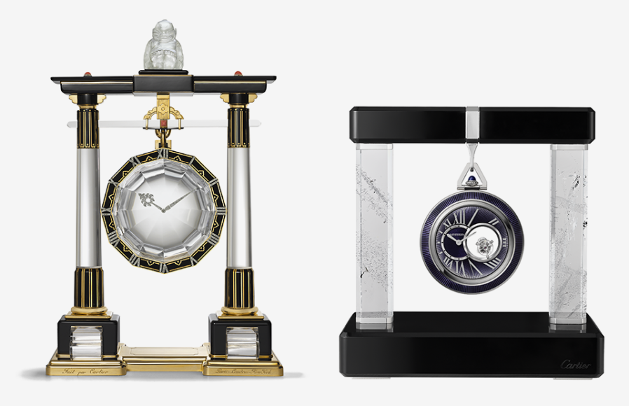 Большие часы-колонна, Cartier Paris, 1923; карманные часы на подставке, Cartier, 2016