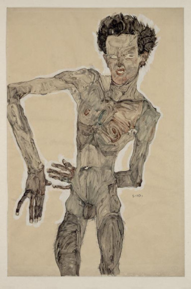 Эгон Шиле. «Автопортрет в обнаженном виде, гримаса», 1910