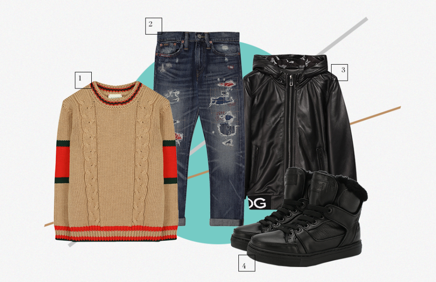 1. Свитер Gucci
2. Джинсы Polo Ralph Lauren
3. Куртка Dolce & Gabbana
4. Кеды Gallucci