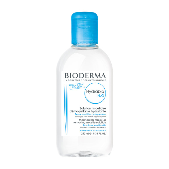 Мицеллярная вода для чувствительной и обезвоженной кожи Hydrabio, Bioderma содержит увлажняющий патент и мицеллы, захватывающие макияж и загрязнения, при этом не нарушая гидролипидный баланс кожи