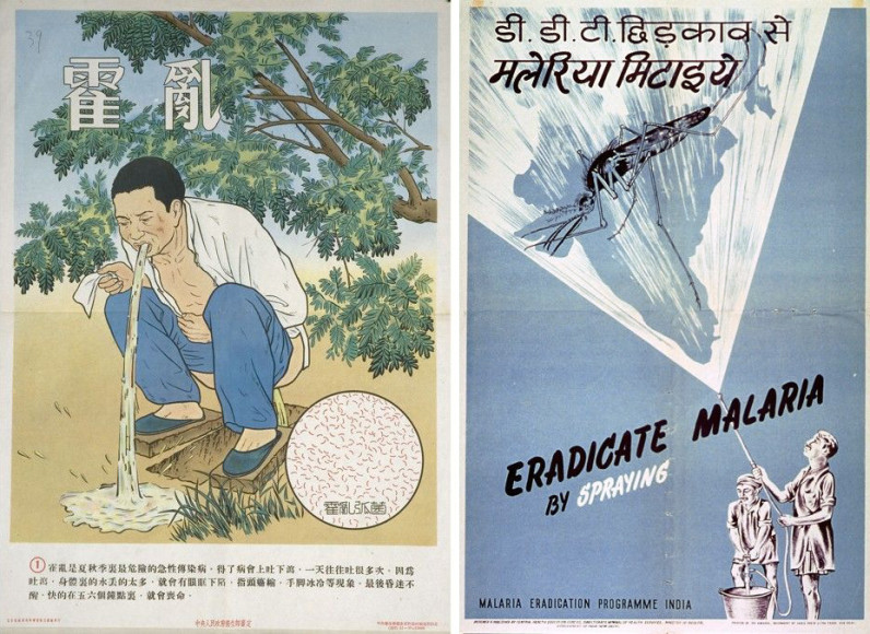 Слева: плакат для жителей сельских районов, пораженных холерой, Китай, 1955. Справа: «Уничтожим малярию опрыскиванием», Индия, 1960-е