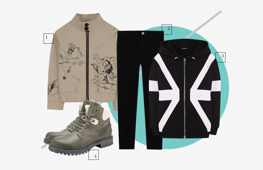 1. Ветровка Burberry
2. Джинсы Gucci
3. Кардиган Balmain Kids
4. Ботинки Il Gufo
