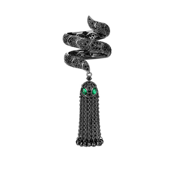 Кольцо-кисть из черненого золота с черными бриллиантами и изумрудами, Tassel by Yana