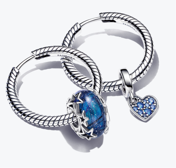 Серьги-кольца с шармом Galaxy Blue & Star Murano, Pandora 
