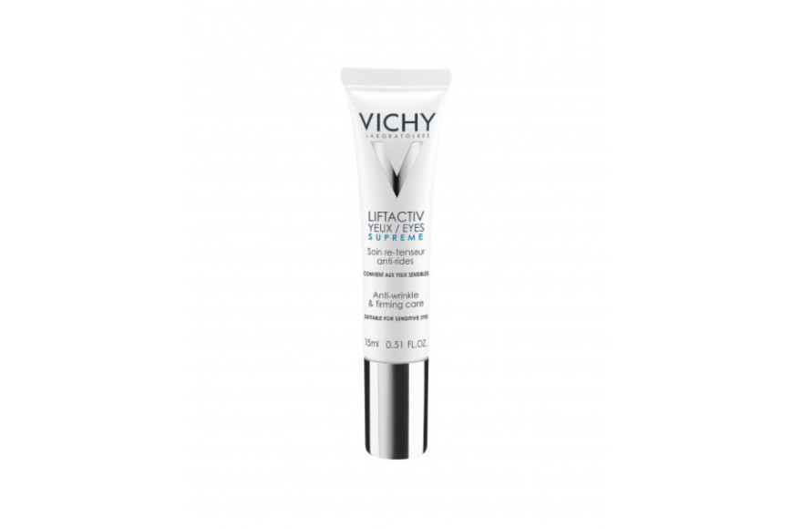 Крем-уход для кожи вокруг глаз Liftactiv Supreme, Vichy воздействует на морщины, припухлости, темные круги, обвисание кожи верхнего века благодаря кофеину, рамнозе (5%) и минерализирующей термальной воде Vichy